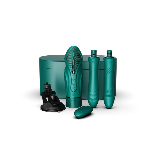 Компактная смарт секс-машина Zalo – Sesh Turquoise Green, 2 насадки, пульт ДУ, кристалл Swarovski